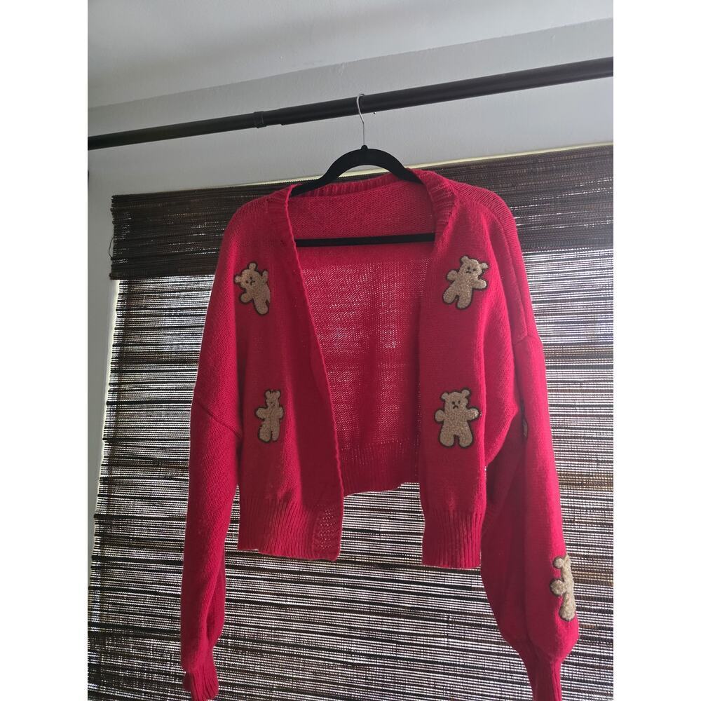 Long Sleeve Womens V- Neck Cardigan Deep Pink Color with Cute Bear Pattern - 3XL - Picture 2 of 6